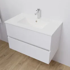 Cuisibane Meuble salle de bain suspendu 80 cm ROSALY- Blanc- Plan vasque en Céramique