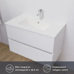 Cuisibane Meuble salle de bain suspendu 80 cm ROSALY- Blanc- Plan vasque en Céramique