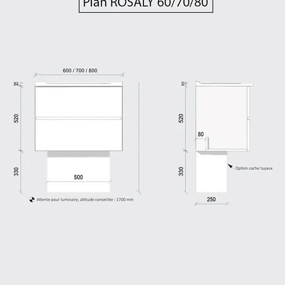 Cuisibane Meuble salle de bain suspendu 80 cm ROSALY- Blanc- Plan vasque en Céramique