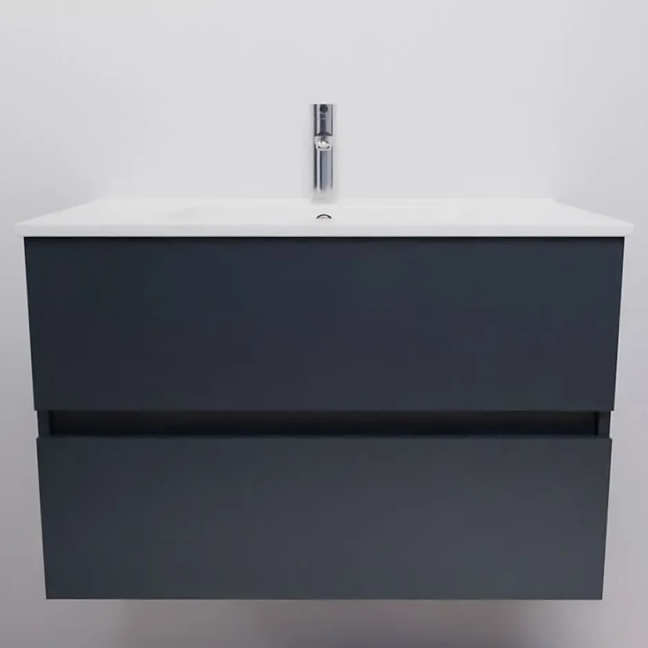 Cuisibane Meuble salle de bain suspendu 80 cm ROSALY- Gris- Plan vasque en Céramique