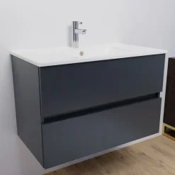 Cuisibane Meuble salle de bain suspendu 80 cm ROSALY- Gris- Plan vasque en Céramique