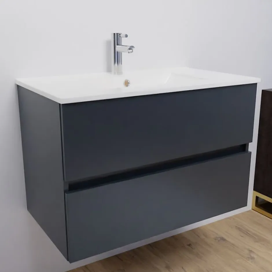 Cuisibane Meuble salle de bain suspendu 80 cm ROSALY- Gris- Plan vasque en Céramique