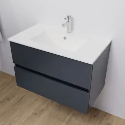 Cuisibane Meuble salle de bain suspendu 80 cm ROSALY- Gris- Plan vasque en Céramique