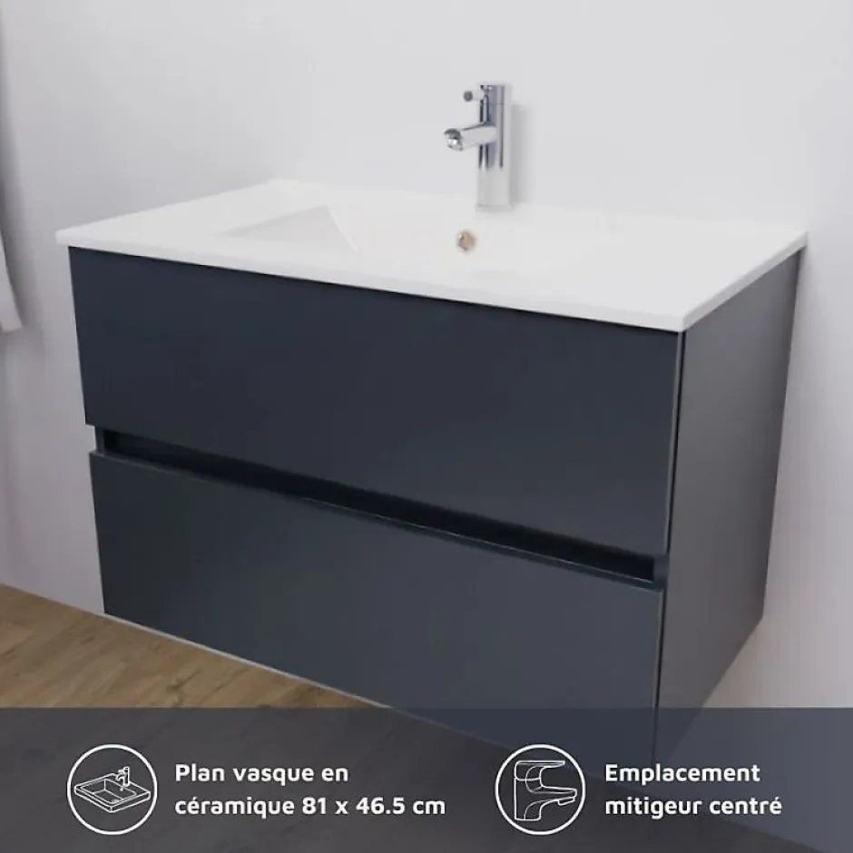 Cuisibane Meuble salle de bain suspendu 80 cm ROSALY- Gris- Plan vasque en Céramique