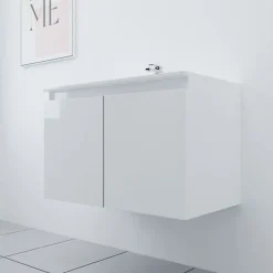 Cuisibane Meuble salle de bain suspendu 80 cm PROLINE- Blanc- Plan vasque en Céramique