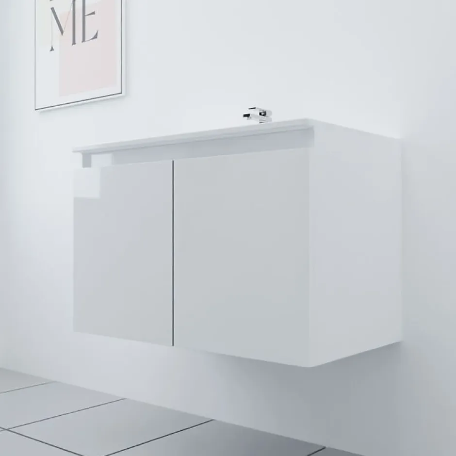 Cuisibane Meuble salle de bain suspendu 80 cm PROLINE- Blanc- Plan vasque en Céramique