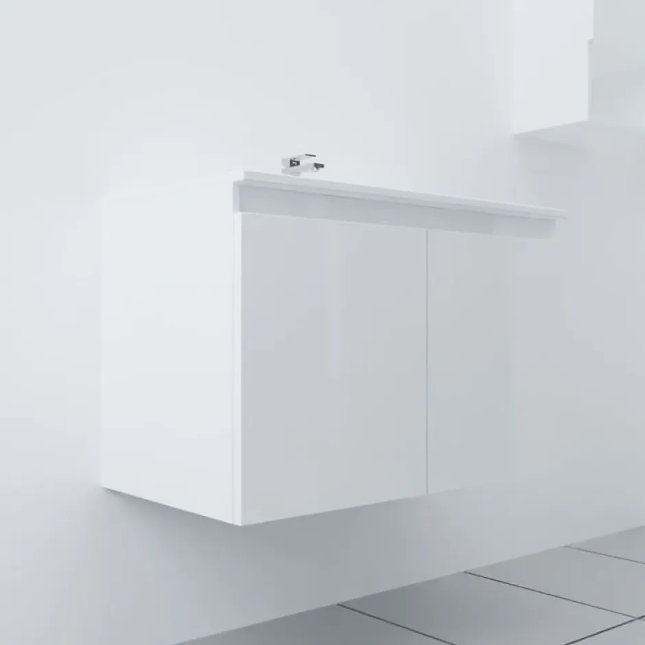 Cuisibane Meuble salle de bain suspendu 80 cm PROLINE- Blanc- Plan vasque en Céramique
