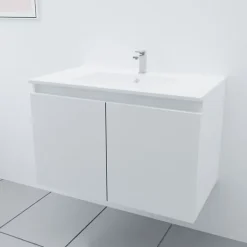Cuisibane Meuble salle de bain suspendu 80 cm PROLINE- Blanc- Plan vasque en Céramique