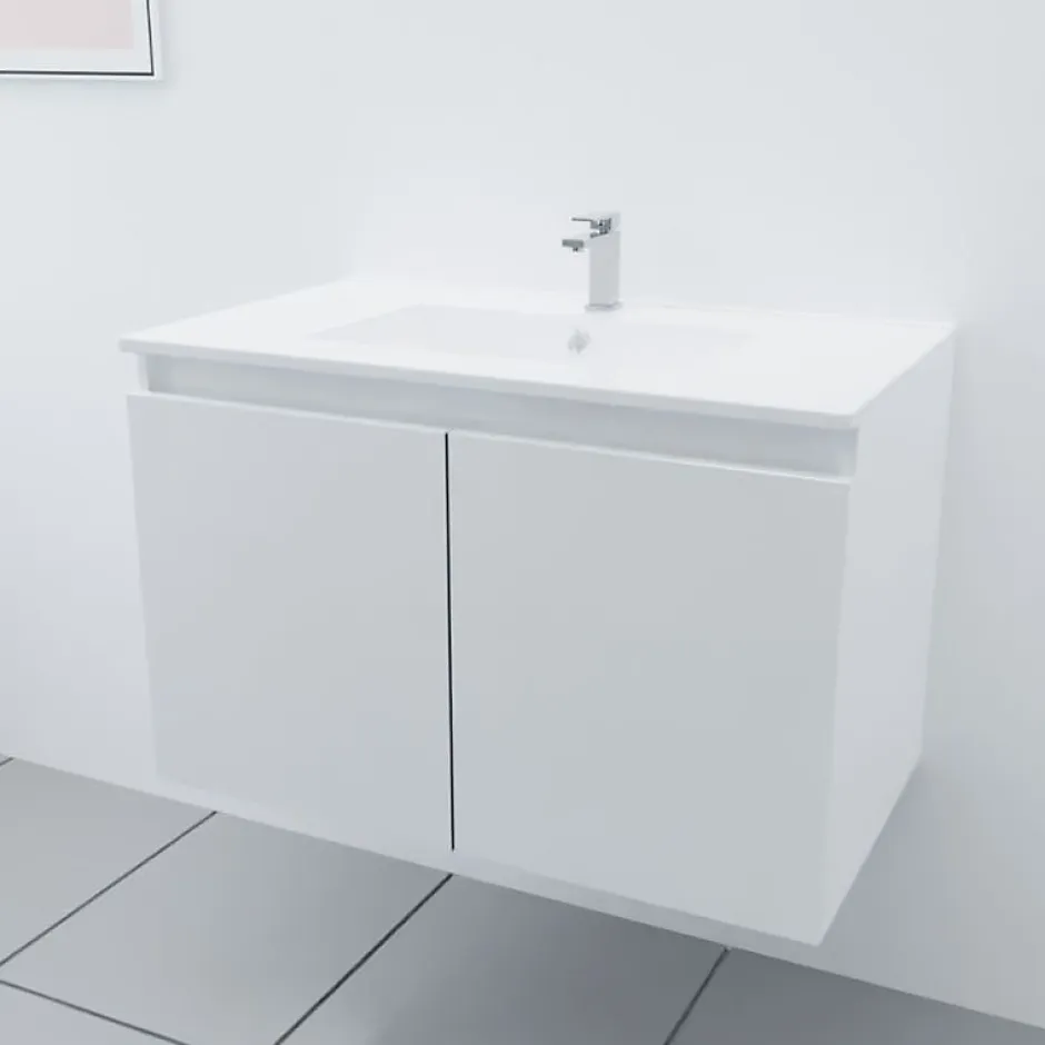 Cuisibane Meuble salle de bain suspendu 80 cm PROLINE- Blanc- Plan vasque en Céramique