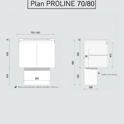 Cuisibane Meuble salle de bain suspendu 80 cm PROLINE- Blanc- Plan vasque en Céramique