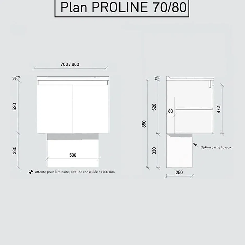 Cuisibane Meuble salle de bain suspendu 80 cm PROLINE- Blanc- Plan vasque en Céramique