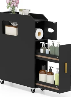 Giantex Meuble Salle de Bain Étroit,avec Support pour Papier Toilette,2 Tiroir, 2 Roue, Poignée Pratique,pour Buanderie, Toilette (Noir)* Armoire De Salle De Bains
