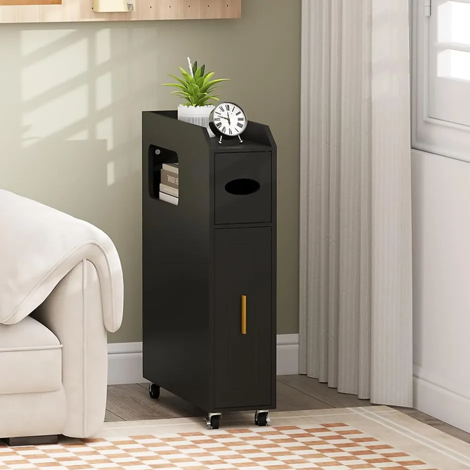 Giantex Meuble Salle de Bain Étroit,avec Support pour Papier Toilette,2 Tiroir, 2 Roue, Poignée Pratique,pour Buanderie, Toilette (Noir)* Armoire De Salle De Bains