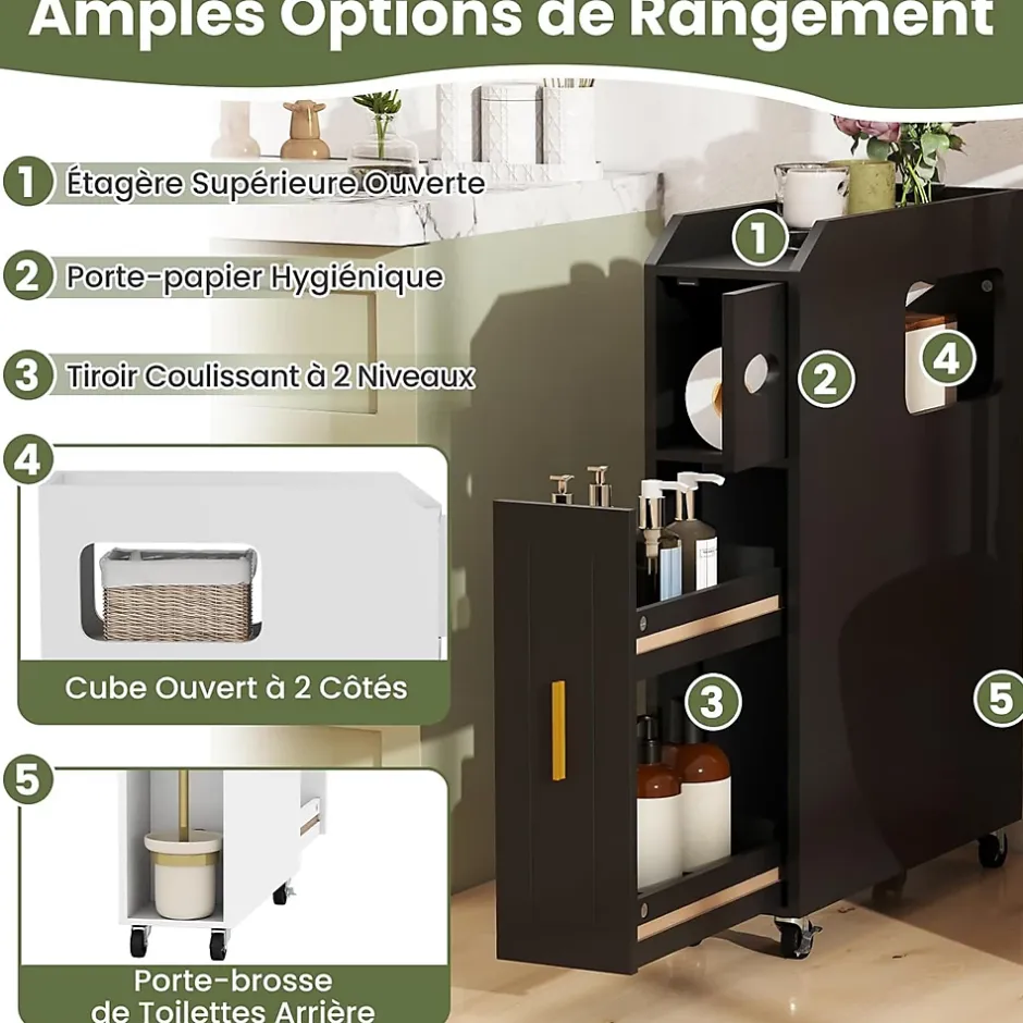 Giantex Meuble Salle de Bain Étroit,avec Support pour Papier Toilette,2 Tiroir, 2 Roue, Poignée Pratique,pour Buanderie, Toilette (Noir)* Armoire De Salle De Bains