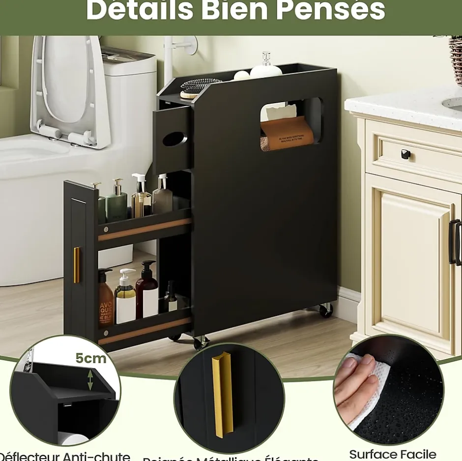 Giantex Meuble Salle de Bain Étroit,avec Support pour Papier Toilette,2 Tiroir, 2 Roue, Poignée Pratique,pour Buanderie, Toilette (Noir)* Armoire De Salle De Bains