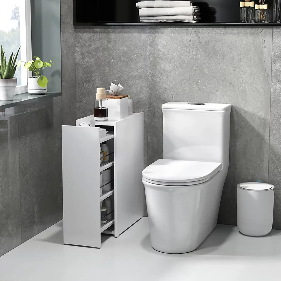 ProximaX Meuble salle de bain étroit blanc à roulettes, meuble WC et d'appoint avec tiroir 3 compartiments et niche, idéal petits espaces* Meuble Wc