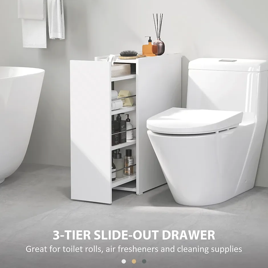 ProximaX Meuble salle de bain étroit blanc à roulettes, meuble WC et d'appoint avec tiroir 3 compartiments et niche, idéal petits espaces* Meuble Wc