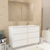 Aurlane Meuble Salle de Bains 120 cm Laqué Blanc 6 Tiroirs, Vasque, Miroirs 60x80 et Réglettes Led - XENOS* Meuble Vasque