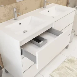 Aurlane Meuble Salle de Bains 120 cm Laqué Blanc 6 Tiroirs, Vasque, Miroirs 60x80 et Réglettes Led - XENOS* Meuble Vasque