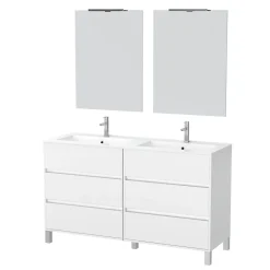 Aurlane Meuble Salle de Bains 120 cm Laqué Blanc 6 Tiroirs, Vasque, Miroirs 60x80 et Réglettes Led - XENOS* Meuble Vasque