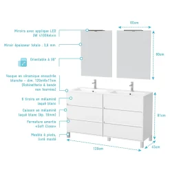 Aurlane Meuble Salle de Bains 120 cm Laqué Blanc 6 Tiroirs, Vasque, Miroirs 60x80 et Réglettes Led - XENOS* Meuble Vasque