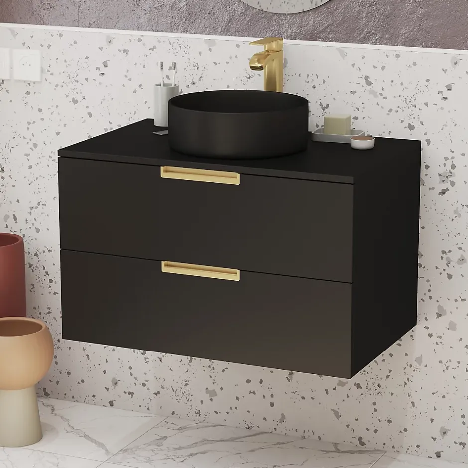 Aurlane Meuble Salle de Bains 80 cm Laqué Noir Mat et Or Doré - 2 Tiroirs - Vasque Ronde à Poser Noire