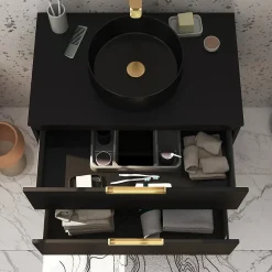 Aurlane Meuble Salle de Bains 80 cm Laqué Noir Mat et Or Doré - 2 Tiroirs - Vasque Ronde à Poser Noire