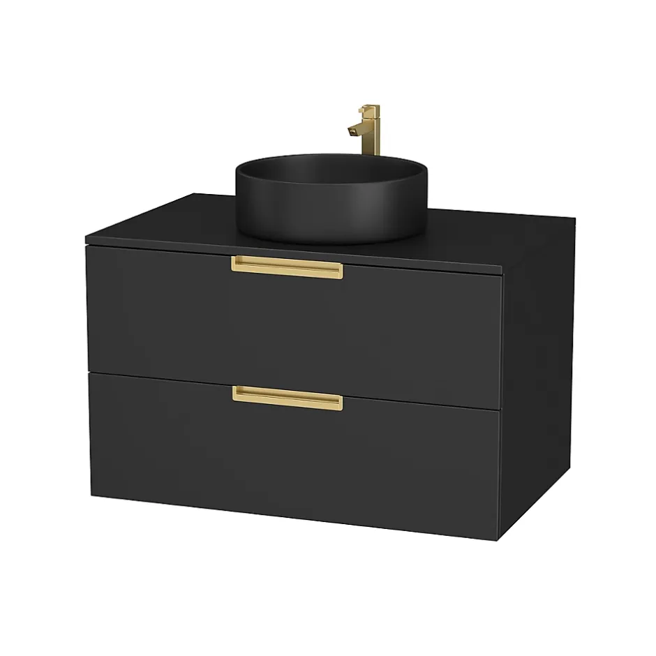 Aurlane Meuble Salle de Bains 80 cm Laqué Noir Mat et Or Doré - 2 Tiroirs - Vasque Ronde à Poser Noire