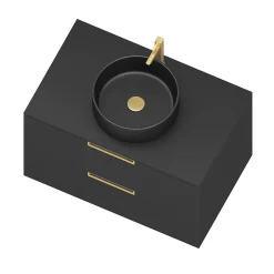Aurlane Meuble Salle de Bains 80 cm Laqué Noir Mat et Or Doré - 2 Tiroirs - Vasque Ronde à Poser Noire