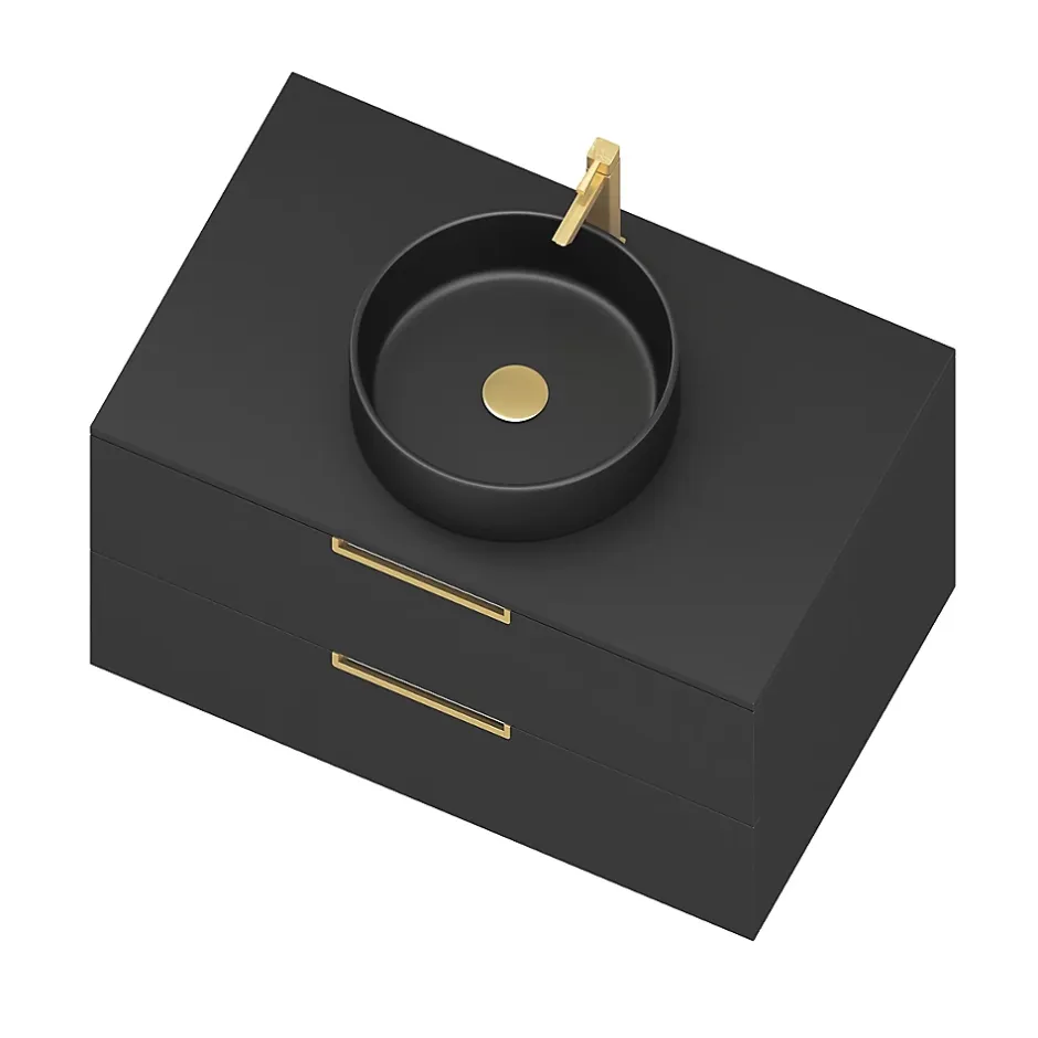 Aurlane Meuble Salle de Bains 80 cm Laqué Noir Mat et Or Doré - 2 Tiroirs - Vasque Ronde à Poser Noire