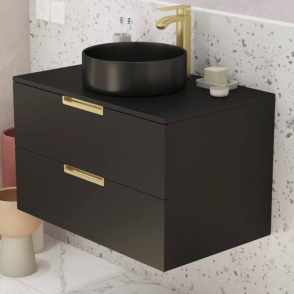 Aurlane Meuble Salle de Bains 80 cm Laqué Noir Mat et Or Doré - 2 Tiroirs - Vasque Ronde à Poser Noire