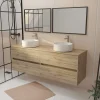 Aurlane Meuble Salle de Bains 160 TIMBER Décor Chêne 4 Tiroirs Plan Vasques à Poser Blanches 2 Miroirs 75x55
