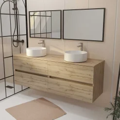 Aurlane Meuble Salle de Bains 160 TIMBER Décor Chêne 4 Tiroirs Plan Vasques à Poser Blanches 2 Miroirs 75x55
