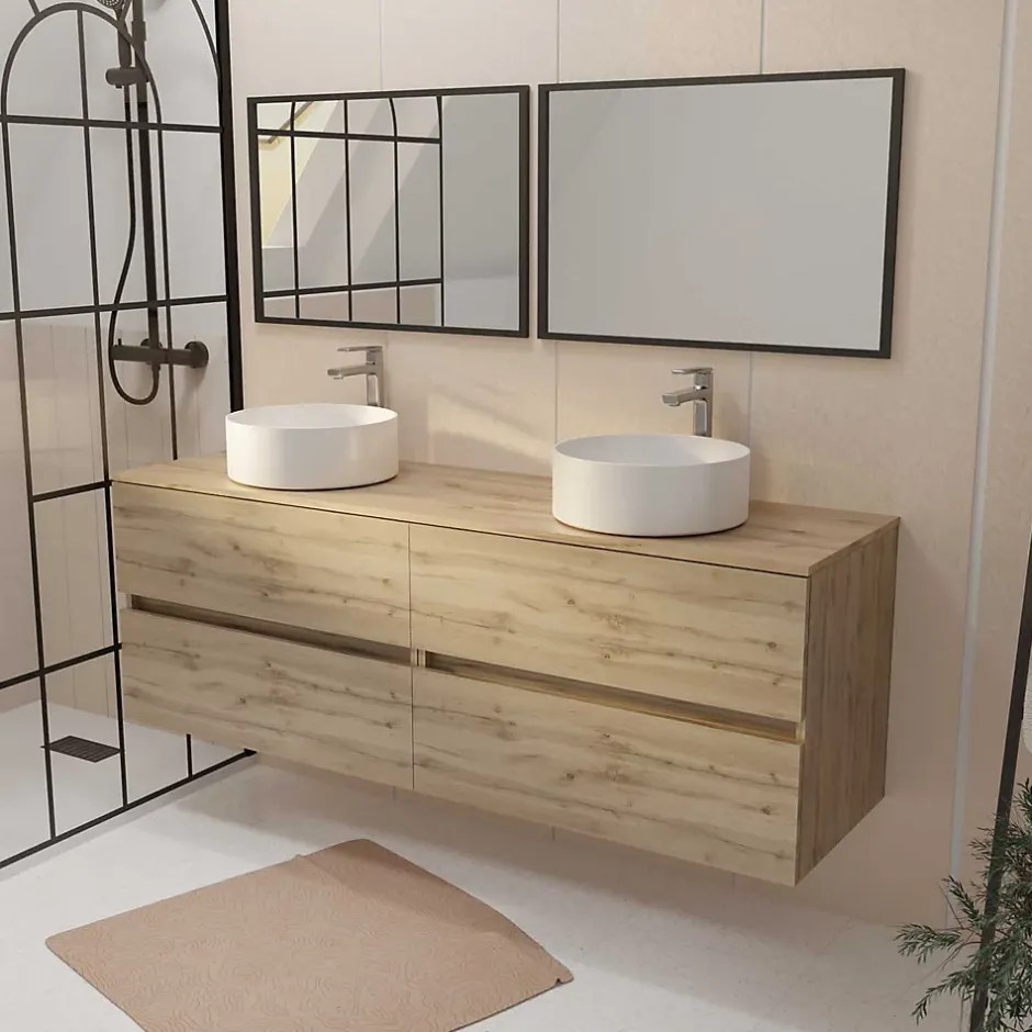 Aurlane Meuble Salle de Bains 160 TIMBER Décor Chêne 4 Tiroirs Plan Vasques à Poser Blanches 2 Miroirs 75x55