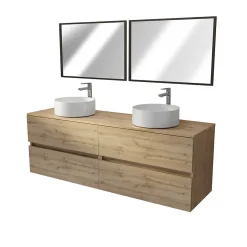 Aurlane Meuble Salle de Bains 160 TIMBER Décor Chêne 4 Tiroirs Plan Vasques à Poser Blanches 2 Miroirs 75x55
