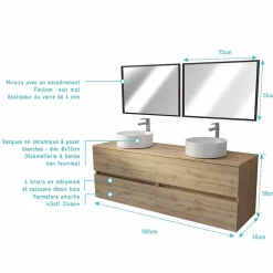 Aurlane Meuble Salle de Bains 160 TIMBER Décor Chêne 4 Tiroirs Plan Vasques à Poser Blanches 2 Miroirs 75x55