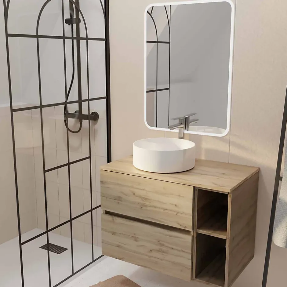 Aurlane Meuble salle de bains 80 TIMBER Décor Chêne Tiroirs + Module - Vasque Blanche - Miroir 60x80 LED* Ensemble Meuble De Salle De Bains