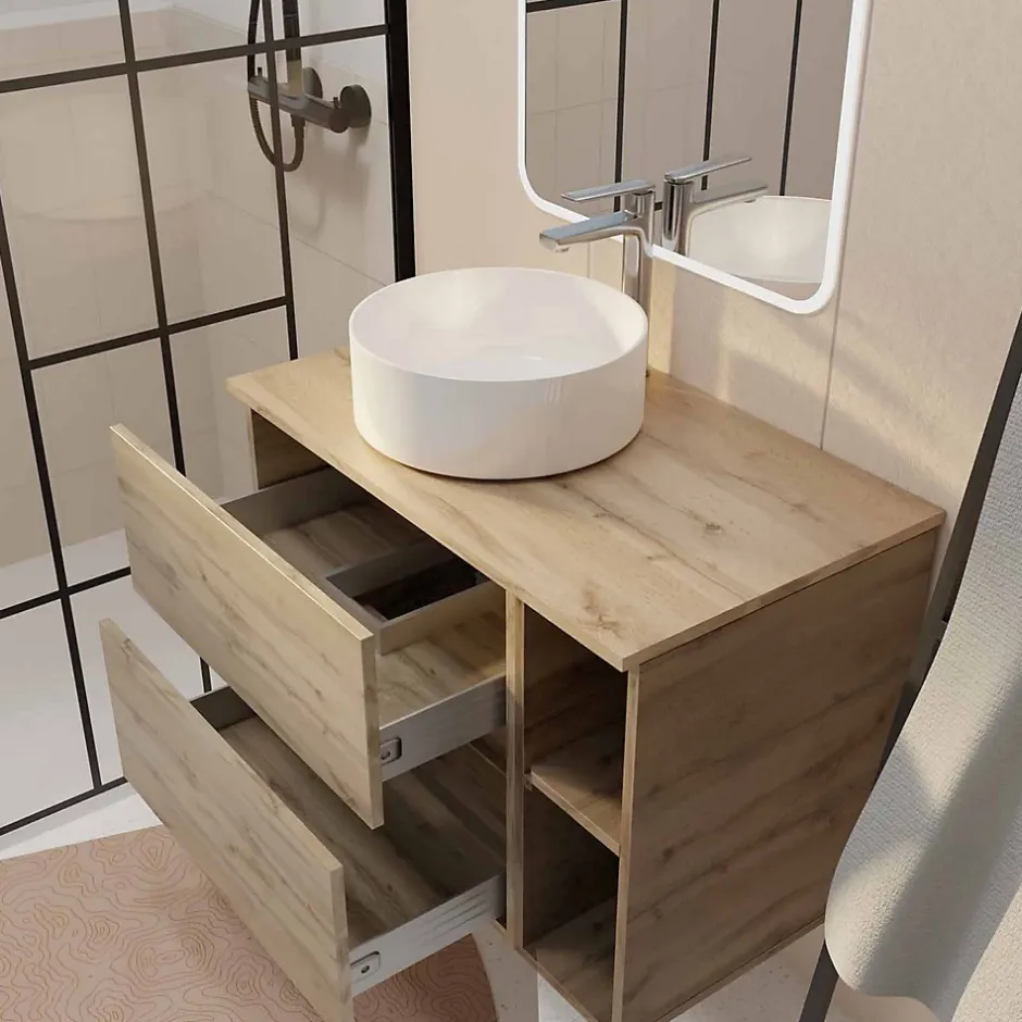 Aurlane Meuble salle de bains 80 TIMBER Décor Chêne Tiroirs + Module - Vasque Blanche - Miroir 60x80 LED* Ensemble Meuble De Salle De Bains