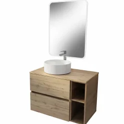 Aurlane Meuble salle de bains 80 TIMBER Décor Chêne Tiroirs + Module - Vasque Blanche - Miroir 60x80 LED* Ensemble Meuble De Salle De Bains
