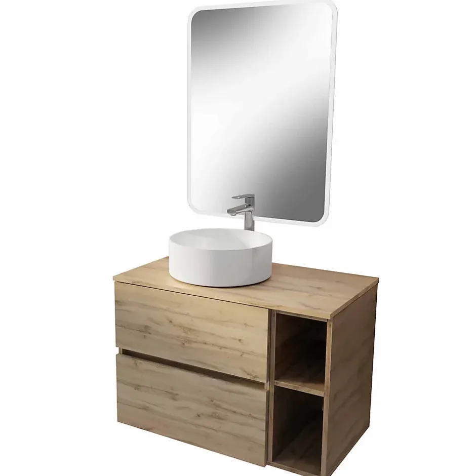 Aurlane Meuble salle de bains 80 TIMBER Décor Chêne Tiroirs + Module - Vasque Blanche - Miroir 60x80 LED* Ensemble Meuble De Salle De Bains
