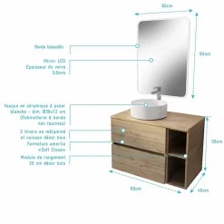 Aurlane Meuble salle de bains 80 TIMBER Décor Chêne Tiroirs + Module - Vasque Blanche - Miroir 60x80 LED* Ensemble Meuble De Salle De Bains