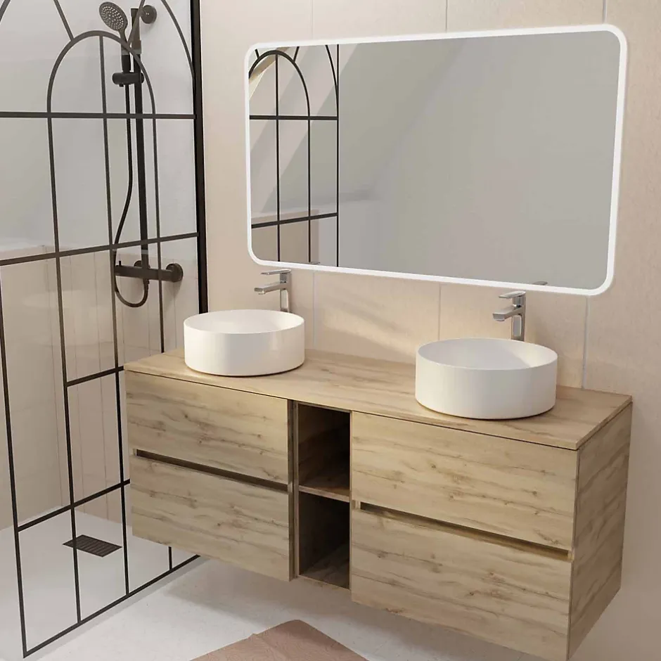 Aurlane Meuble Salle de Bains 140 TIMBER Décor Chêne 4 Tiroirs et Module Vasques Blanches Miroir LED 120x70* Ensemble Meuble De Salle De Bains