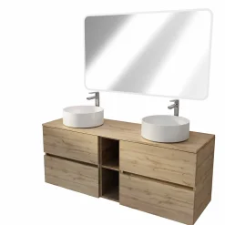 Aurlane Meuble Salle de Bains 140 TIMBER Décor Chêne 4 Tiroirs et Module Vasques Blanches Miroir LED 120x70* Ensemble Meuble De Salle De Bains