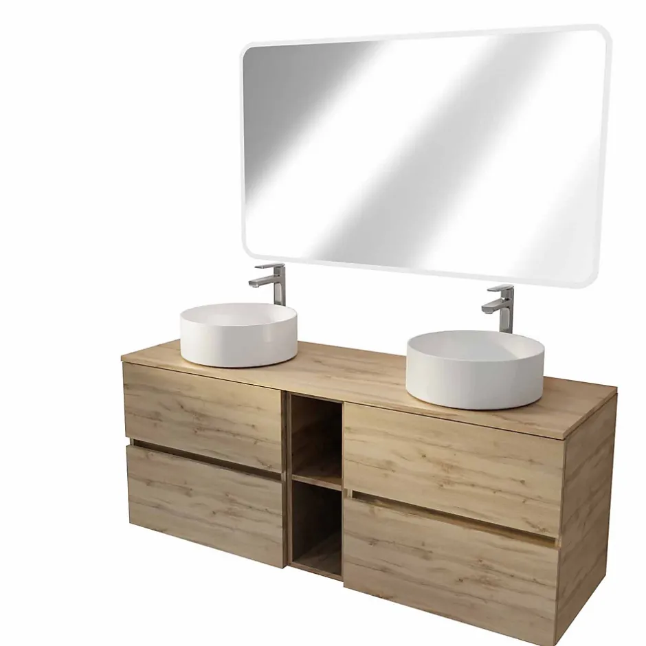 Aurlane Meuble Salle de Bains 140 TIMBER Décor Chêne 4 Tiroirs et Module Vasques Blanches Miroir LED 120x70* Ensemble Meuble De Salle De Bains