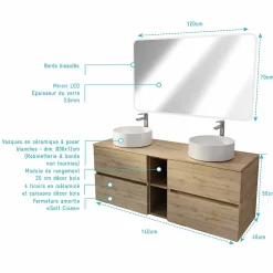 Aurlane Meuble Salle de Bains 140 TIMBER Décor Chêne 4 Tiroirs et Module Vasques Blanches Miroir LED 120x70* Ensemble Meuble De Salle De Bains