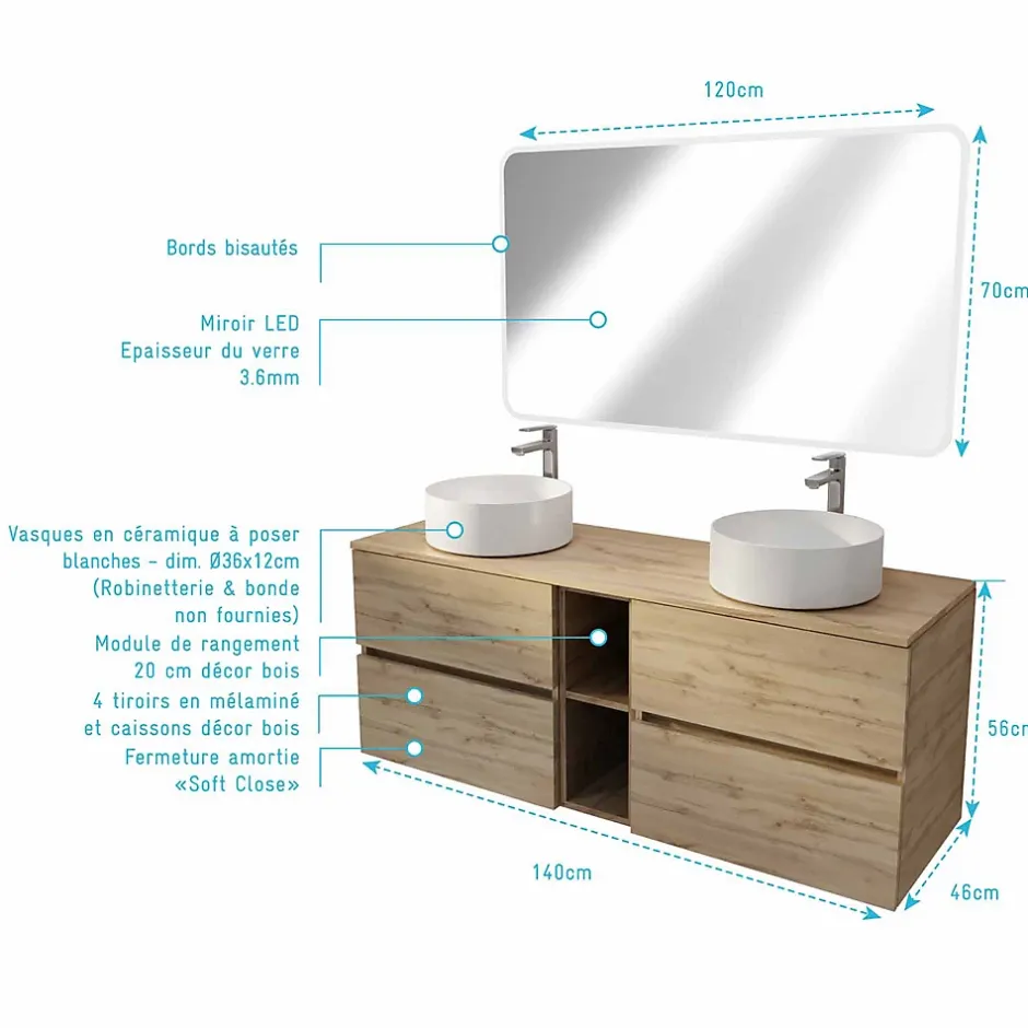 Aurlane Meuble Salle de Bains 140 TIMBER Décor Chêne 4 Tiroirs et Module Vasques Blanches Miroir LED 120x70* Ensemble Meuble De Salle De Bains