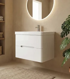 Top Bath Meuble Salle de Bains avec vasque/lavabo FIDJI 80 suspendu laqué Blanc brillant avec plan en résine