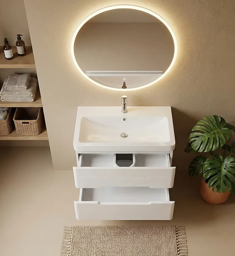 Top Bath Meuble Salle de Bains avec vasque/lavabo FIDJI 80 suspendu laqué Blanc brillant avec plan en résine