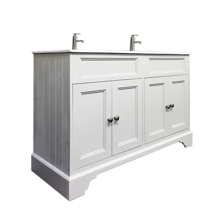Top Bath Meuble Salle de Bains avec vasque/lavabo DOLIANA 120 à poser laqué Blanc mat 4 portes avec plan céramique* Meuble Vasque