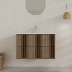 Aurlane Meuble Salle de Bains 60cm 2 Tiroirs Décor Chêne et Noir Cranté - Vasque Blanche Mate - YUKI